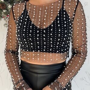 Pink Lily Black Embellished Sheer Blouse